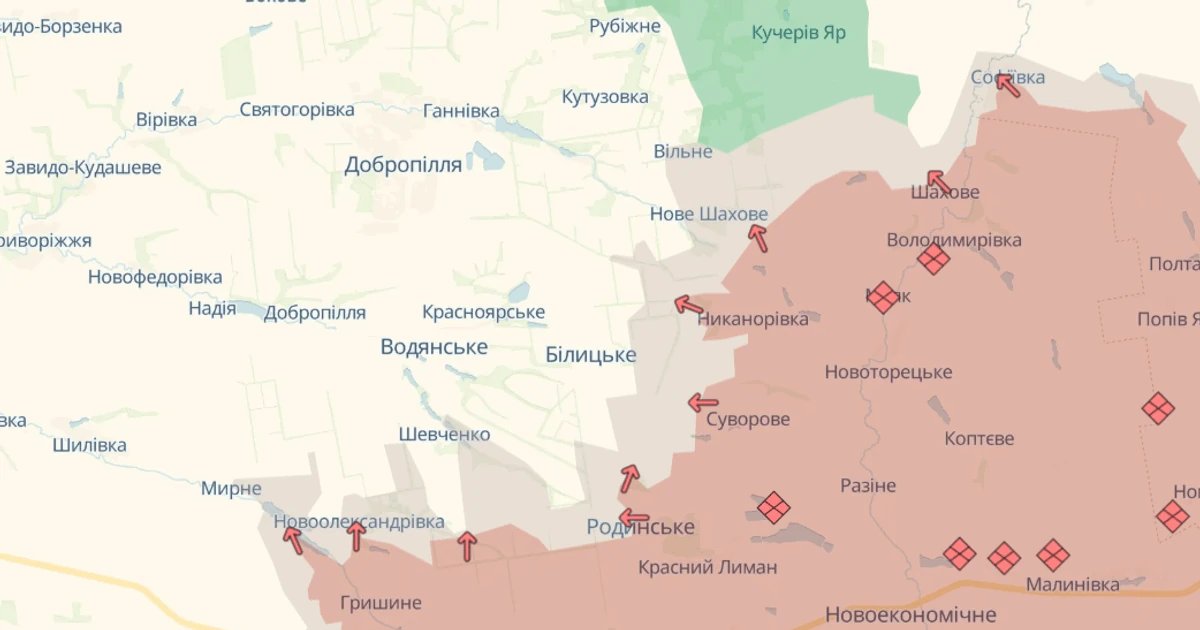 Мапа DeepState з лінією бойових зіткнень на Покровському напрямку станом на 26 липня 2026 року